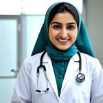 **

"A Pakistani female doctor in a clean, modern hospital setting, wearing a hijab and professional lab coat, fully clothed, appropriate attire, smiling gently, holding a stethoscope, safe for work, perfect anatomy, natural proportions, professional medical photograph, high quality, family-friendly."

**