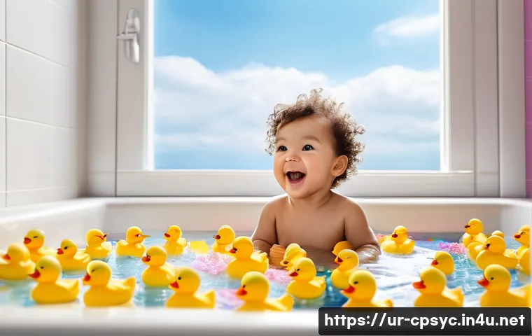임상심리사로 일하기 위한 현실적 조언 - **A toddler (wearing a diaper) is gleefully splashing in a bathtub filled with colorful rubber ducks...