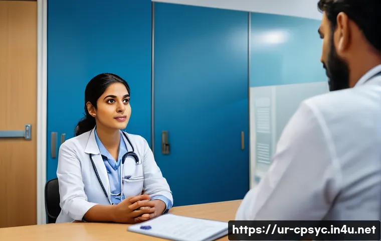 임상심리사로 경력을 시작하는 신입 가이드 - A clinical psychologist in a modern hospital setting, wearing professional attire including a modest...