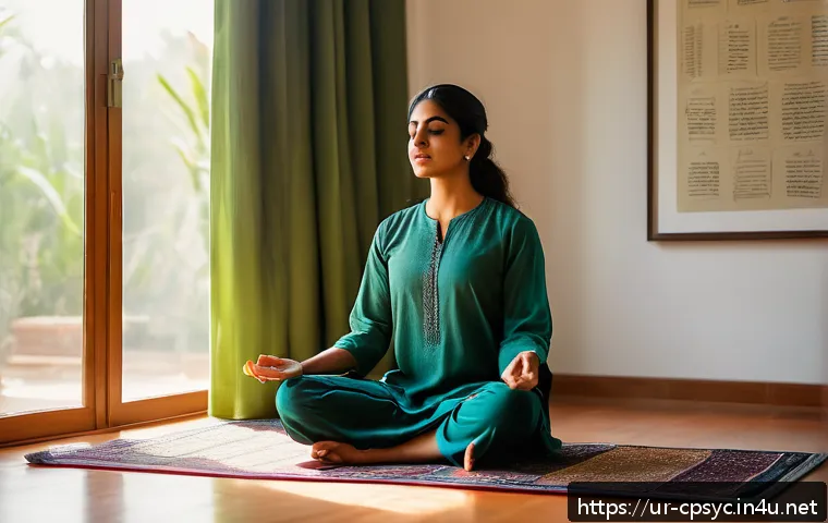 임상심리사 이론과 실무의 연결 고리 - A serene scene depicting a young South Asian woman practicing mindfulness meditation in a peaceful, ...