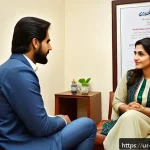 Home 23 임상심리사 자격증 활용 분야 - A professional clinical psychologist in a modern private clinic in Pakistan, wearing formal attire w...