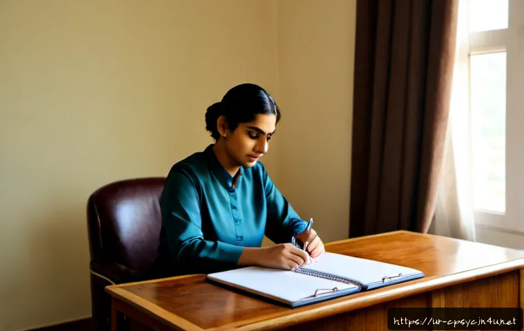 Home 17 임상심리사 실무 사례집 리뷰 - Photorealistic Pakistani clinical psychologist in modest professional attire reviewing an open unmar...